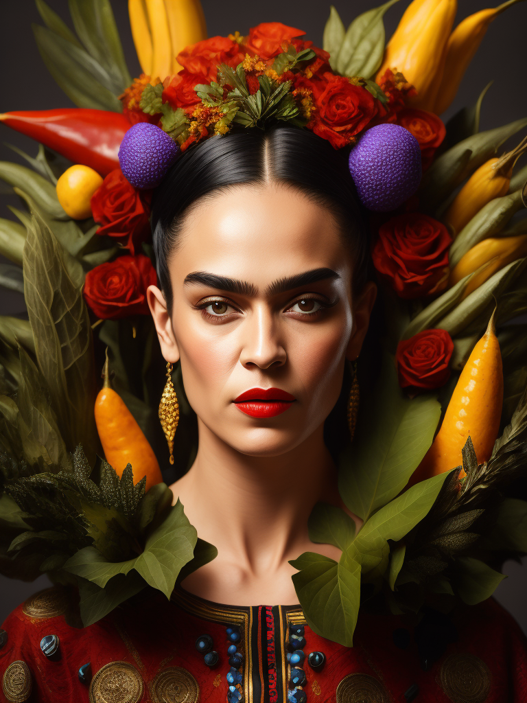 Portrait of Frida Kahlo,Headdress made of fine vegetables and herbs, bright and saturated colors, elegant, highly detailed, vogue, fashion magazine, sharp focus, bright expressive makeup, dramatic lighting, depth of field, incredibly high detailed, blurred background.