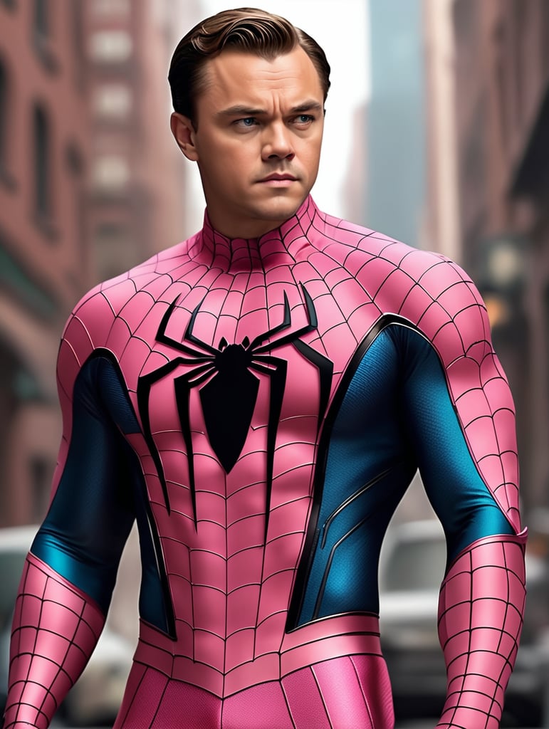 A super HD realistic photo leonardo di caprio in pink spiderman outfit