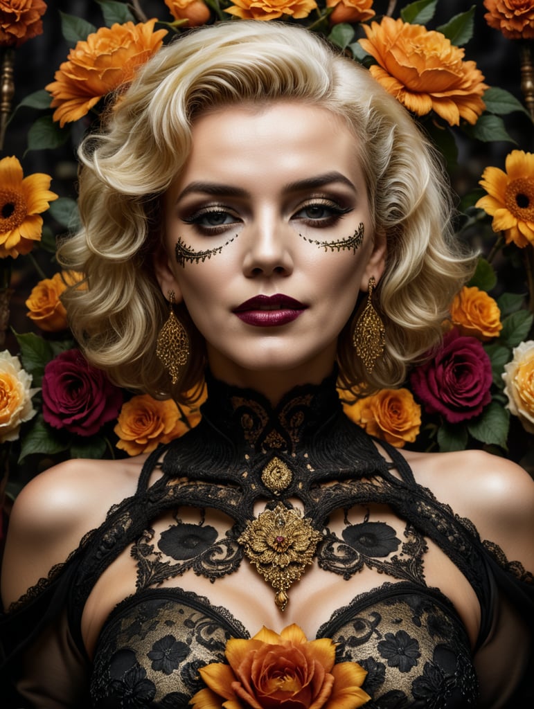 "Marilyn Monroe, Beautiful female, dia de los muertos, wearing black with golden accents, face art, make-up skull, day of the dead, flowers background , intricate details, cinematic lighting, photo realistic, close-up portrait, DarkArt, dark background, 8k, designed by HR Giger”