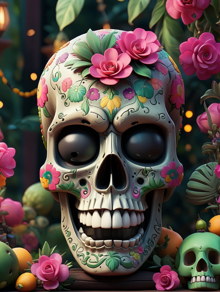 Mexican skull calavera, surrounded by poetic ornamental elements such as fruits, flowers, garlands of lights and native plants, colors pink, green, gold and black