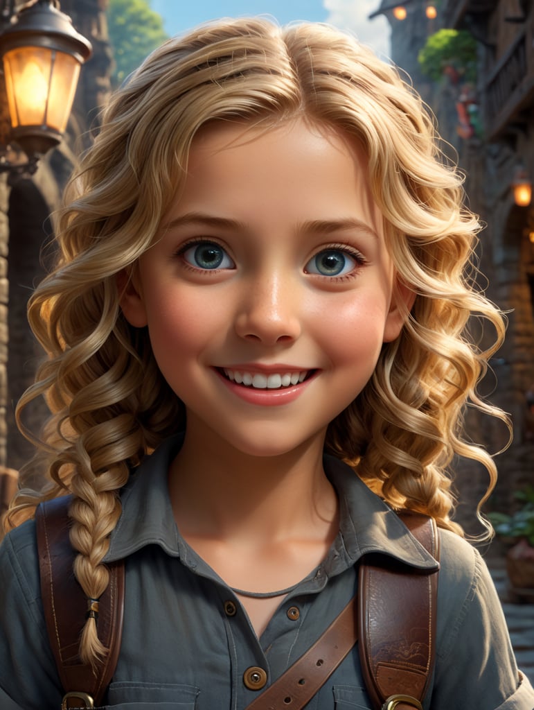 a young girls adventurer similar to Indiana Jones, creative, and kind-hearted person with long, curly blonde hair, big eyes, small nose, and a smiling mouth, standing centered in 3D style, rendered using beautiful Disney animation, Pixar style, Disney style, 3D style