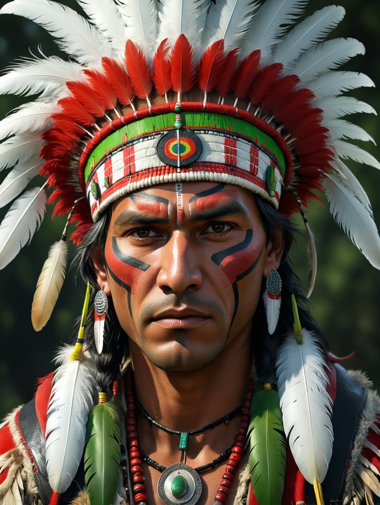 I need an image for a indigenous male from Canada wearing tradition indigenous clothing. Indigenous head feather colors are red, green, white, black use first generated image for the face of the man