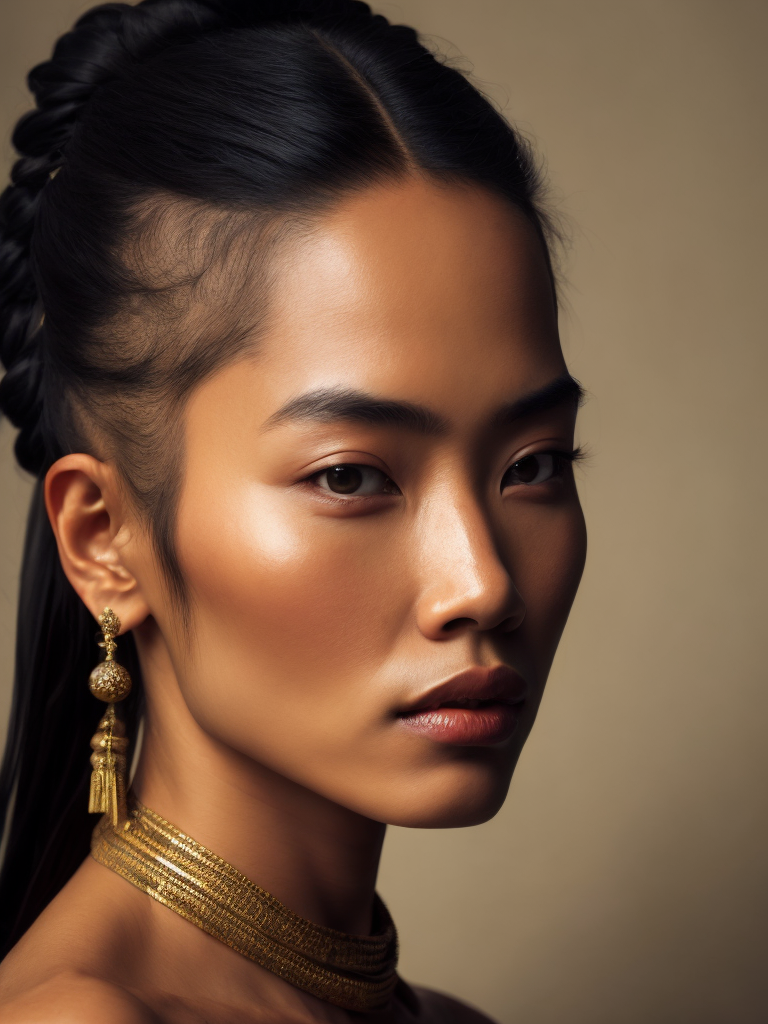 Profile portrait of a stunningly beautiful light skinned asian tribal female, depth of field, zeiss lens, detailed, symmetrical, centered, fashion photoshoot, by annie leibovitz and steve mccurry, david lazar, jimmy nelsson, breathtaking, extremely detailed, beautiful, establishing shot, artistic, hyperrealistic, beautiful face, octane render, Blurred background