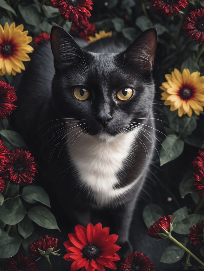 A black cat is surrounded by black flowers and red flowers in a pile of them, looking up at the camera, a stock photo, conceptual art, photorealistic