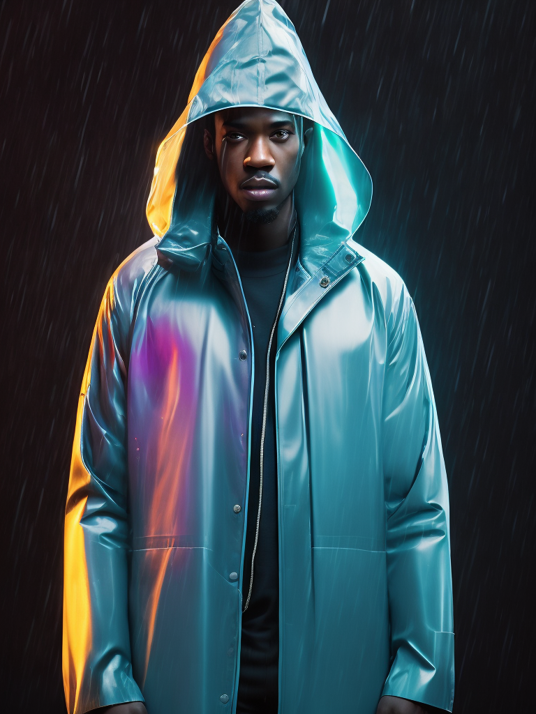 a black man wearing ((transparent raincoat)), under the rain, ultra realistic, neon lights