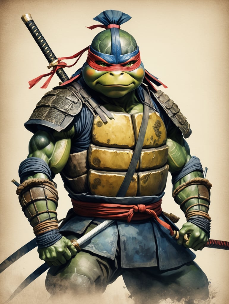 ancient japanese illustration of a teenage mutant ninja turtles dressed as samurai warrior, drawing, watercolor, epic pose
