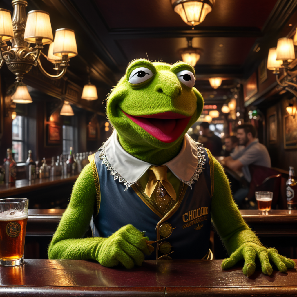 Kermit the Frog at a Chicago tavern wearing Loyola Chicago colors