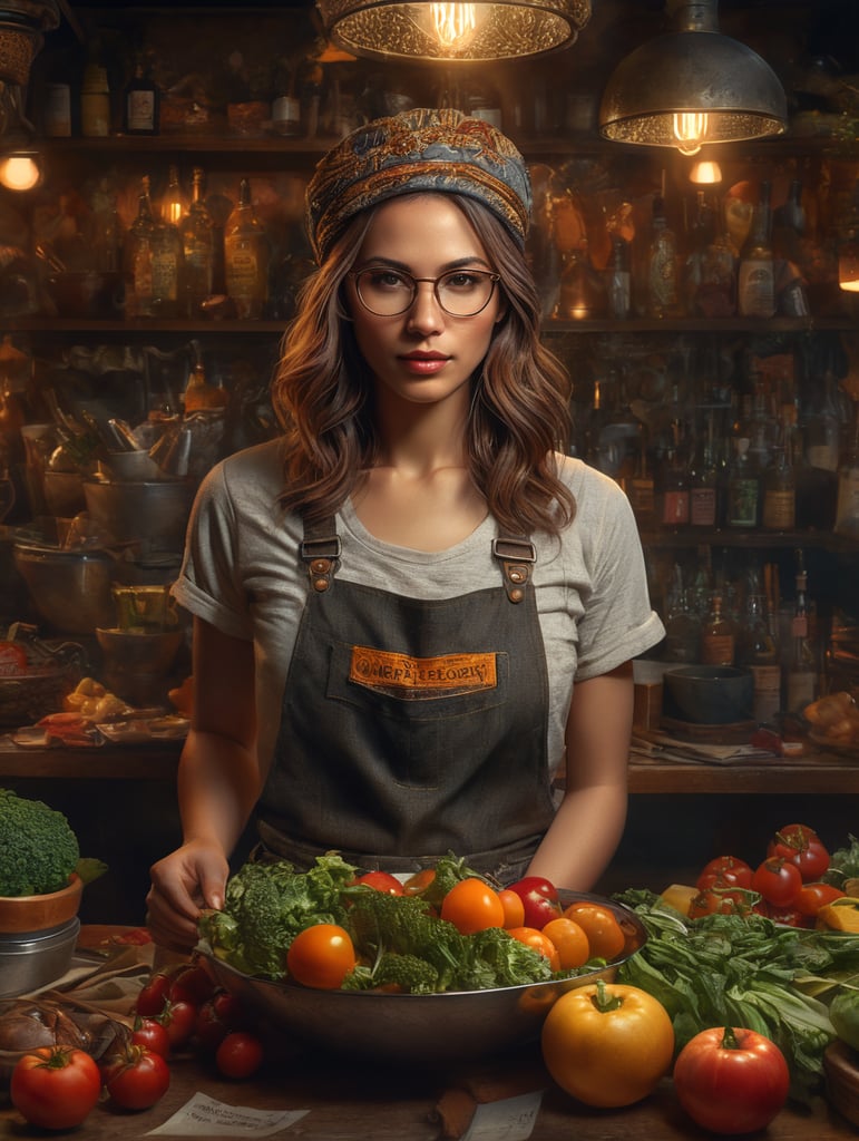 vegetarian, hipster, woman from new york, photography, realistic, warm light, sun