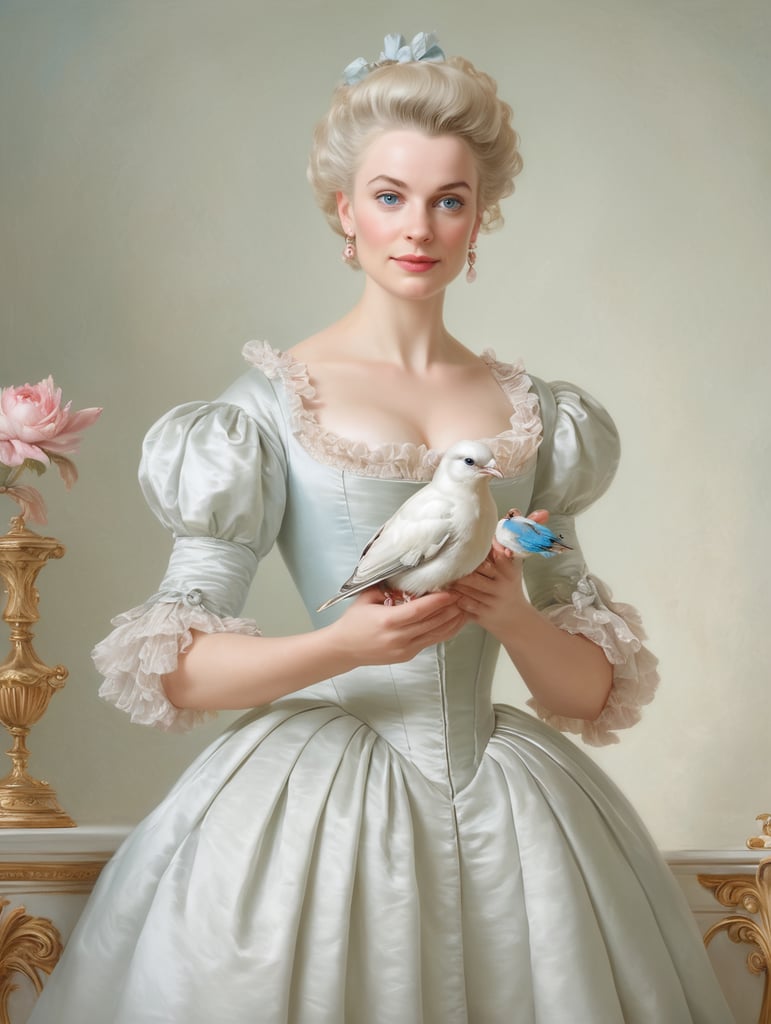 oil portrait painting of Marie-Emilie holding up a small bird Baudouin from François Boucher in the Rococo style, soft pastel colours and lots of fine details