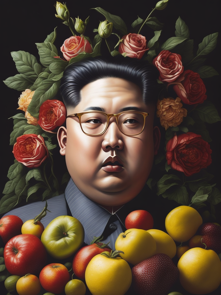 a painting of Kim Jong Un head surrounded by flowers and fruit, Painting, Oil, Still Life, Botanical, Italy, style of Giuseppe Arcimboldo