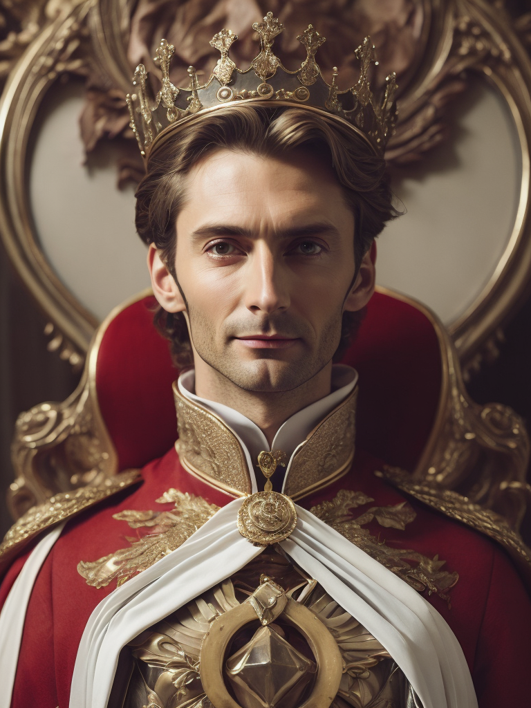 Oil portrait of miles edgeworth, intricate, elegant, highly detailed, lighting, painting, artstation, smooth, illustration, art by greg rutowski and alphonse mucha, david tennant king, david tennant with a crown sits on a throne, france, 1952 year