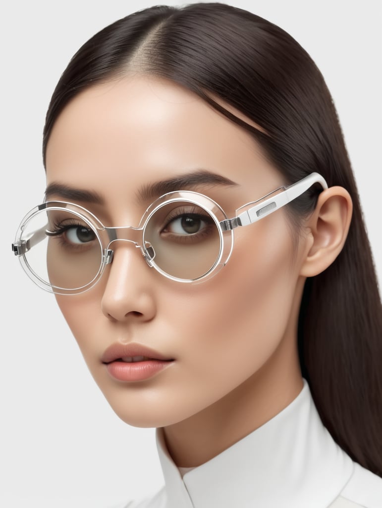 a women model wearing futuristic thin transparent monoglasses, white background