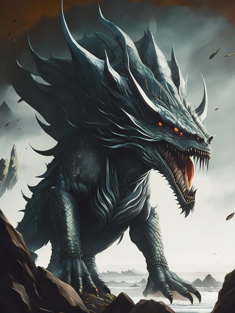 Kaiju with many sharp jagged ice crystals protruding from its back that have the ability to freeze the earth, has two dragon-like hind legs, bioluminescent scales all over its body, two arms with sharp claws attached, dragon-like neck & head including many sharp teeth, two eyes, and a snout. It also includes a long tail with sharp crystals at the tip to also be used as a weapon.