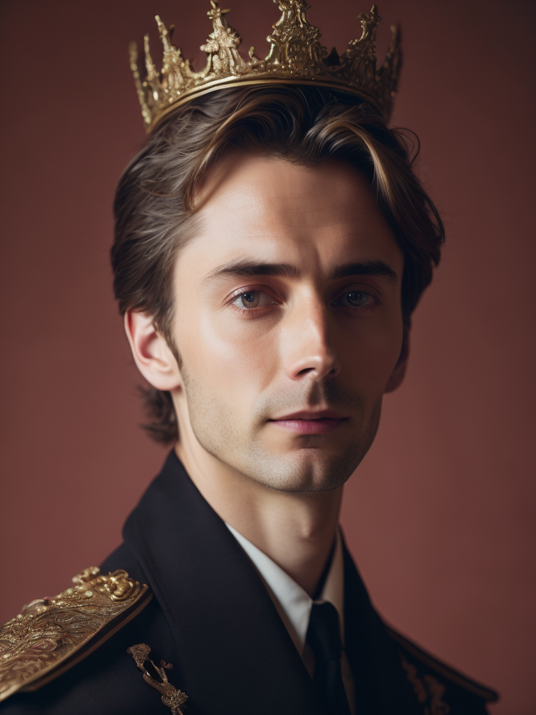 Oil portrait of miles edgeworth, intricate, elegant, highly detailed, lighting, painting, artstation, smooth, illustration, art by greg rutowski and alphonse mucha, david tennant king, david tennant with a crown sits on a throne, france, 1952 year