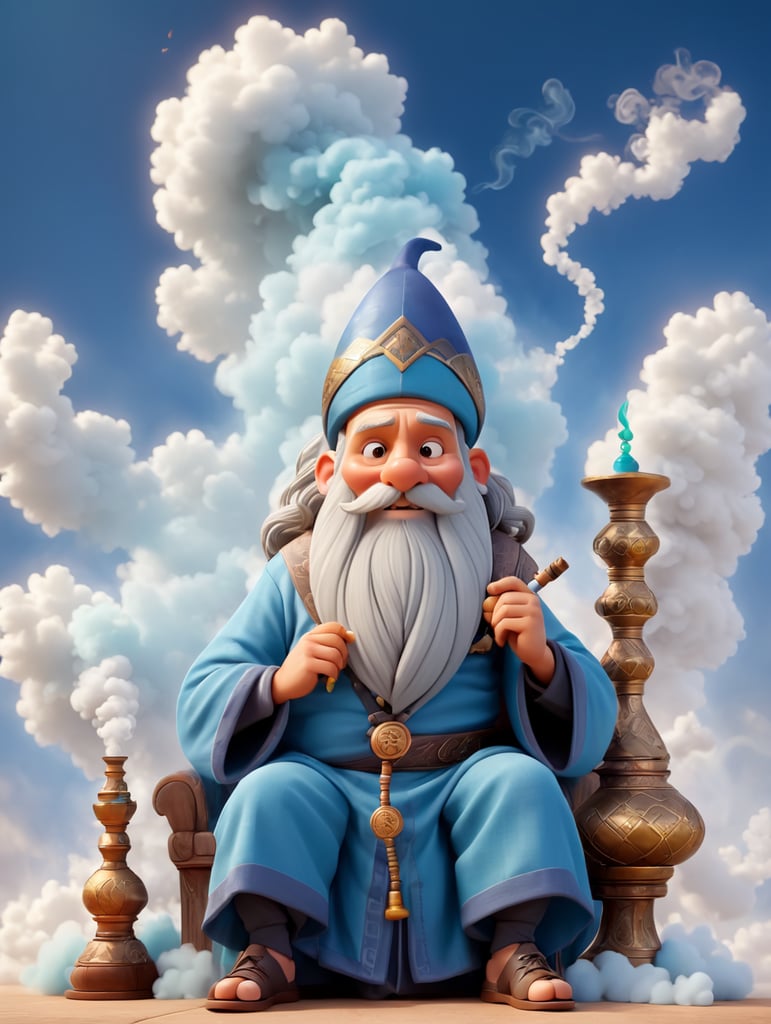 old wizard with a long beard sitting cross-legged, smoking a hookah with a huge cloud of smoke above him