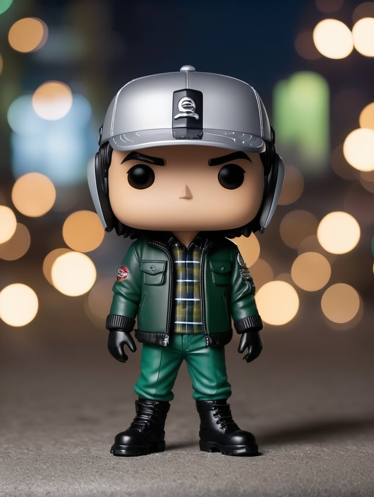 Crear carro nissan almera hatchback dos puertas, color plata, cofre y toldo negro, rines negros, vidrios polarizados, modelo 2002. A un lado un funko pop hombre medio gordo, cabello negro corte semilargo de lado, chamarra piel negra, camisa de cuadros verde, pantalón azul marino, botas café. De fondo una ciudad a oscuras con muchas luces.