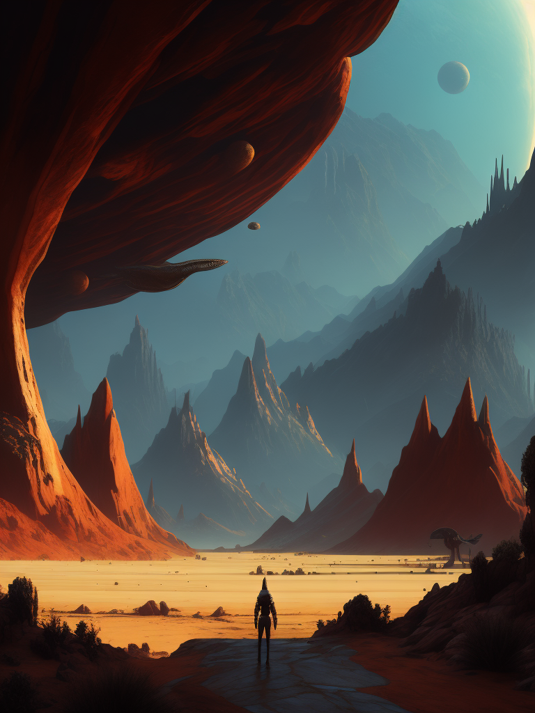 The landscape of an alien planet in the style of Roger Dean and 70's progressive rock