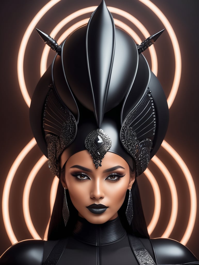 A tan-skinned Moroccan female in an all-black sleek futuristic outfit, with a huge headpiece as the centerpiece, clean makeup, with depth of field. The outfit is fantastical, edgy, and regal themed, captured in vivid colors, embodying the essence of fantasy with a minimalist approach.