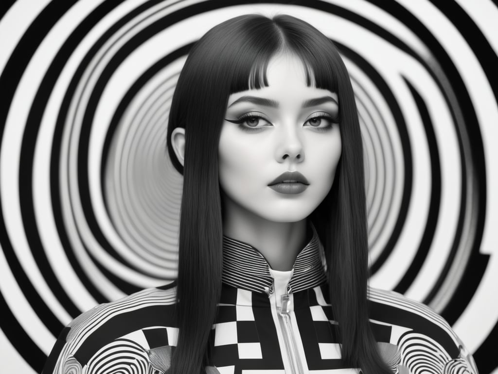 Cute girl model, retro futurist of high fashion, made in symmetrical black and white psychedelic style, black and white beauty, optical illusion, glitch art, flirty, shot on Canon