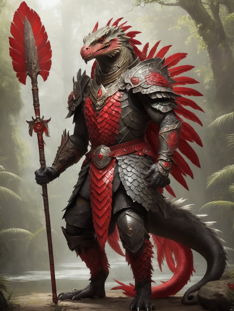 Erstelle einen großen Echsenmenschen mit roten Schuppen, einer Halskette aus Federn und einem mit federgeschmückten Speer und Schild. Denk an die roten Schuppen