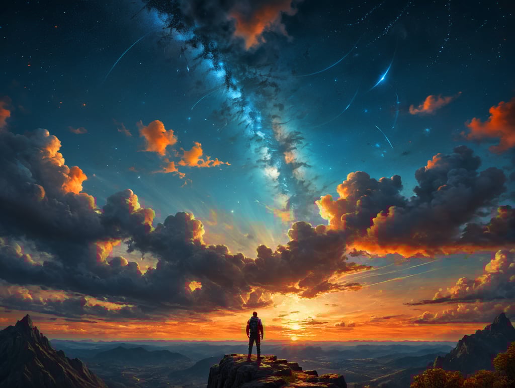 person looking at the magical orange blue sky with stars