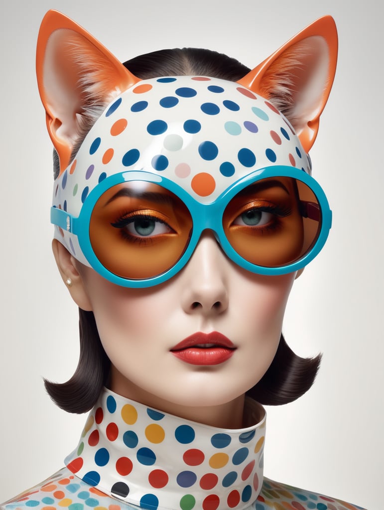front portrait Photography, transparent porcelain printed with multicolor pop polka dots, pop Courreges air hostess cat woman mask with sunglasses , an attractive, 80 degree view, art by Sergio Lopez , Natalie Shau, James Jean and Salvador Dali