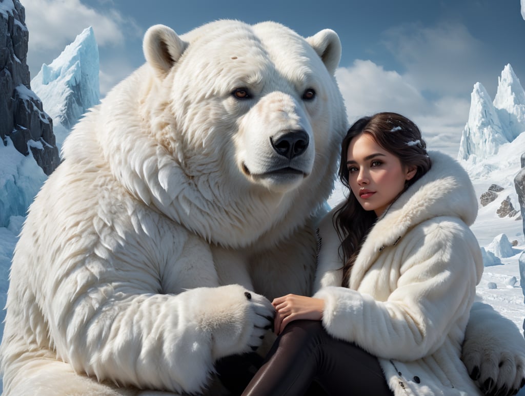 portrait of young woman with dark hair sitting, right hand making a V signd, wearing a thick white fur coat, a polar bear sitting right next to her, polar location, ice and snow, cold environment, highly detailed
