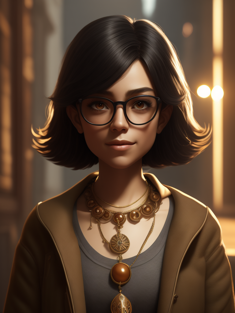 Girl, black hair, Brown eyes, glasses and necklace, Full body, standing centered, Pixar style, 3d style, disney style, 8k, Beautiful, Pixar style girl with black hair brown eyes glasses and necklace