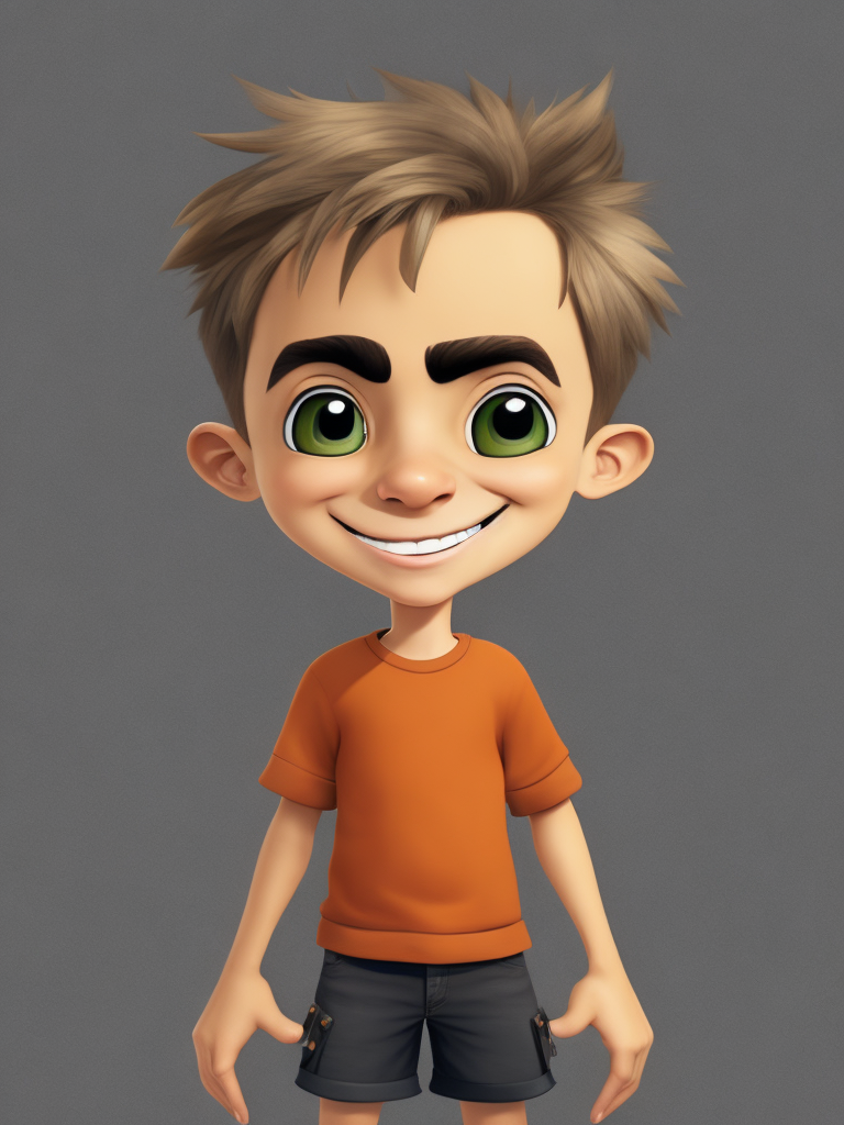 More stupid cartoon kid with stupid sights, wide smile, very thin hair, long face, slim and medium height