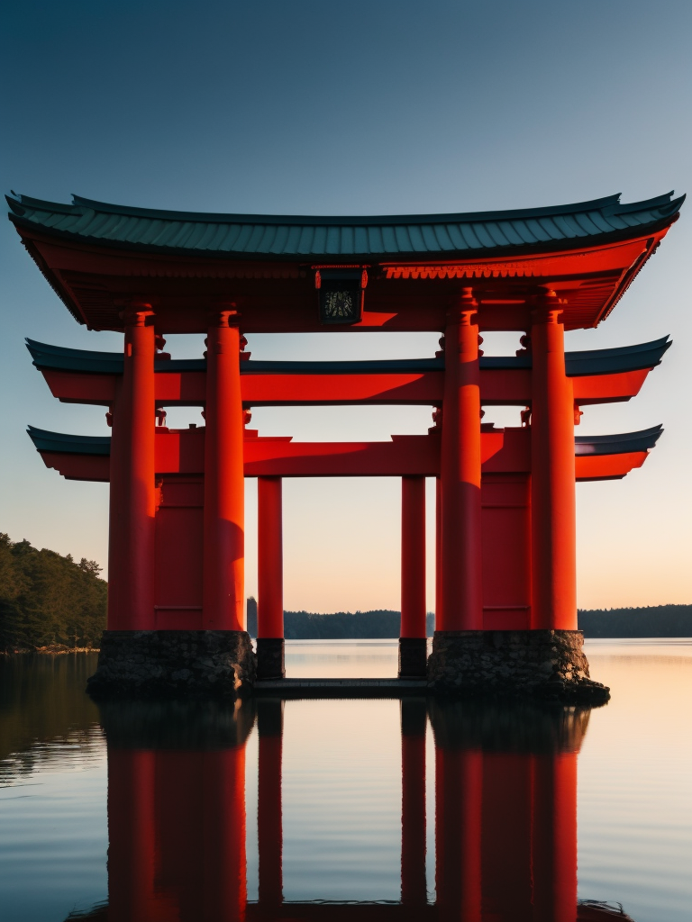 Red torii gate in middle of a lake, Dense forest on the edge of the lake, Bright and saturated colors, Japanese culture, photorealistic, contrast light