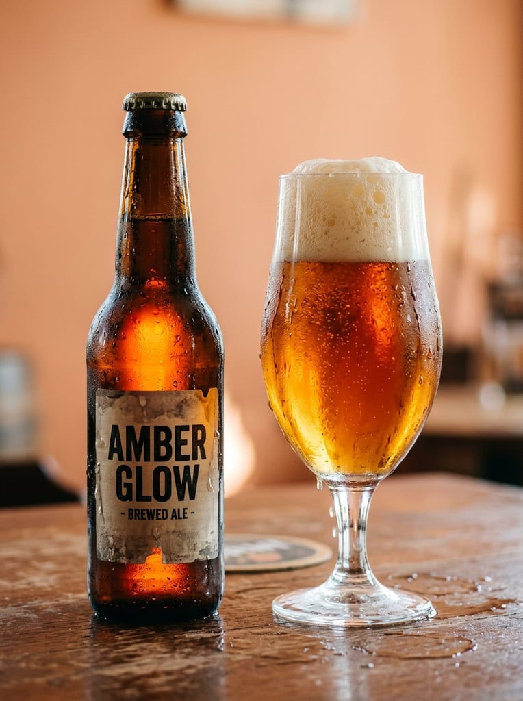 A sweating glass bottle of glowing amber liquid stands next to a stemmed glass filled with the same beverage and thick white foam. Both feature heavy condensation on a brown surface against a warm peach background.