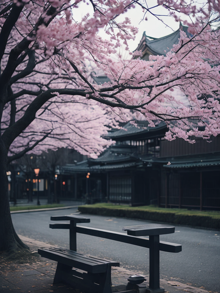 An album cover, sakura trees, asian style, bench on center, watercolor