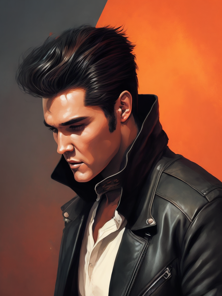 Portrait of Elvis Presley wearing a black leather jacket, studio photo, professional photo, Bright and rich colors, Detailed image, detailed face
