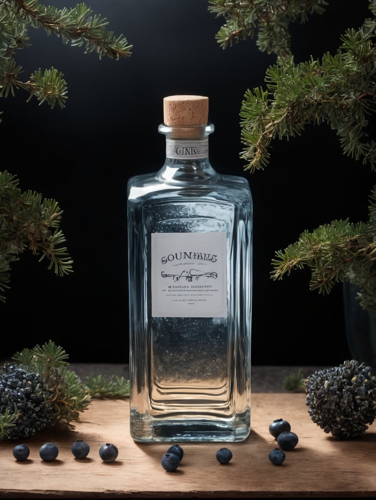 professional photography of a square gin bottle, square bottle, surrounding a juniper and juniper berries, one shot of gin in a front, no label, clear, mockup