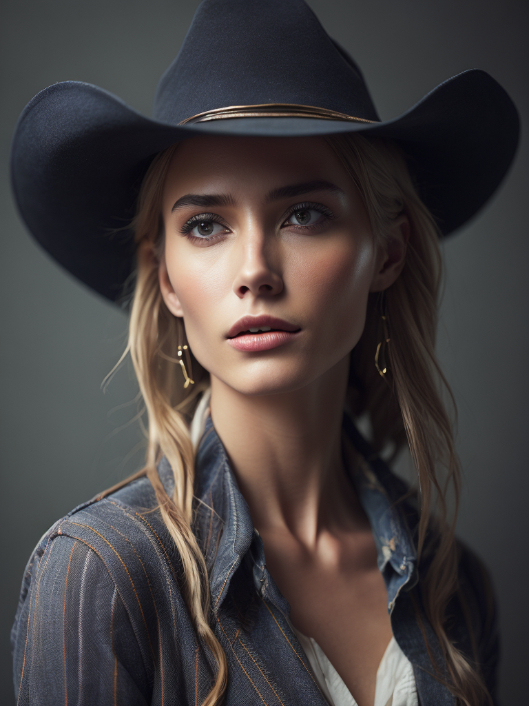 Ultra detailed facial portrait of beautiful woman, wearing cowboy hat, extremely detailed digital painting, in the style of préraphaélite, mystical colors, rim light, electric lighting, stunning scene, west american painting, big sky