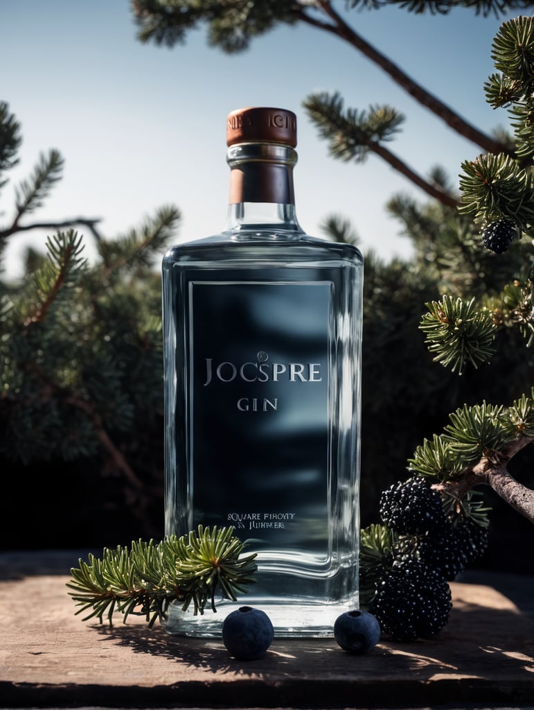 professional photography of a square gin bottle, square bottle, surrounding a juniper and juniper berries, one shot of gin in a front, no label, clear, mockup