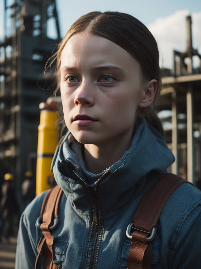 greta thunberg As oil rig worker, realistic, high detail