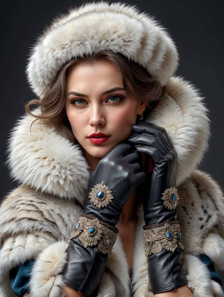 woman wearing fur gloves, hand drawing style, white background, high quality