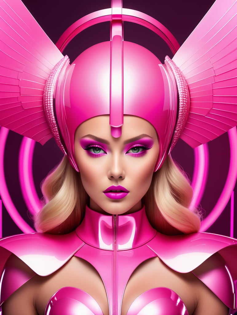 A beautiful blonde female pop artist all pink sleek futuristic outfit, with huge headpiece center piece, clean makeup, with depth of field, fantastical edgy and regal themed outfit, captured in vivid colors, embodying the essence of fantasy, minimalist