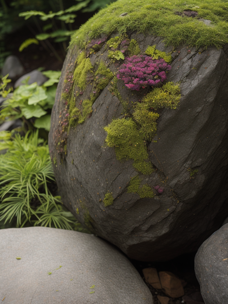 Envision a hyper-realistic, high-resolution image capturing the fascinating sight of a rock that is not just alive, but artistic. The rock is nestled in a vibrant garden, its surface adorned with a mosaic of colorful lichens and moss that form intricate patterns, giving it the appearance of a living sculpture. The colors should be a mix of the earthy tones of the rock and the vibrant hues of the lichens and moss. The composition should be a close-up shot, focusing on the rock and capturing every detail of its artistic surface.