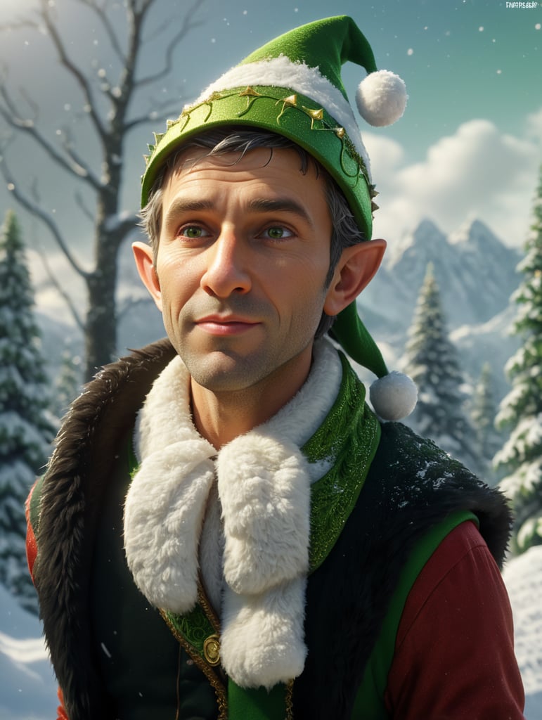 Christmas elf, cartoon style, green christmas hat with snow in background, warm light