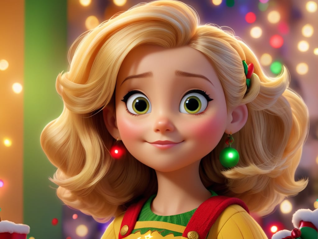 A Disney Pixar inspired movie poster with the title "Norah and Potato" in the image create a girl child with straight blond hair, blue eyes. she is holding an elf on the shelf. Christmas lights in the background. The scene should be in the distinct digital art style of Pixar, with a focus on character expressions, vibrant colors, and detailed textures that are characteristic of their animations.