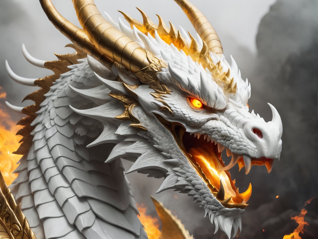 Ferocious white and golden dragon with fire eyes and golden horns, breathing fire