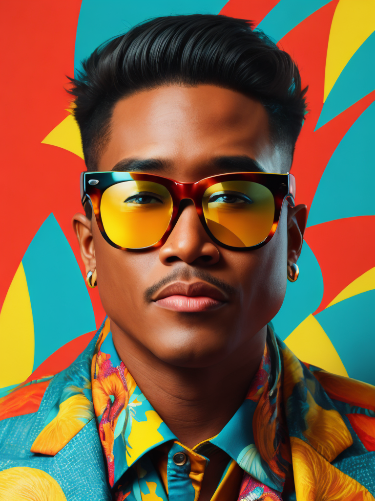 Hawaiian singer wearing a brightly patterned jacket and wayfarer glasses, Vivid saturated colors, Contrast color