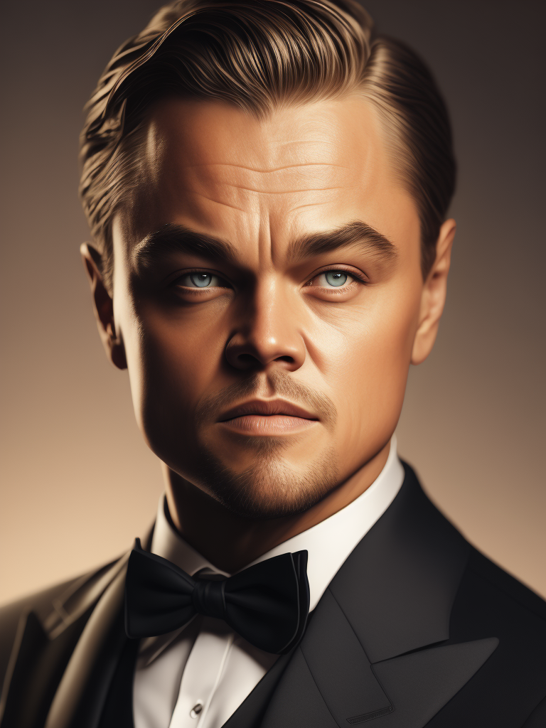 Portrait of Leonardo DiCaprio in a bow tie tuxedo, contrasting light, detailed face,