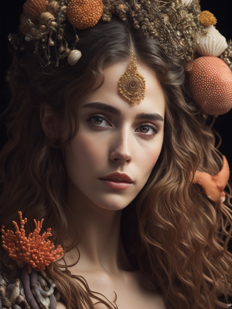 Gustav Klimt, ultafine detailed painting of a woman with corals in her hair, whimsical, detailed painting, corals,Fish and seashells around.