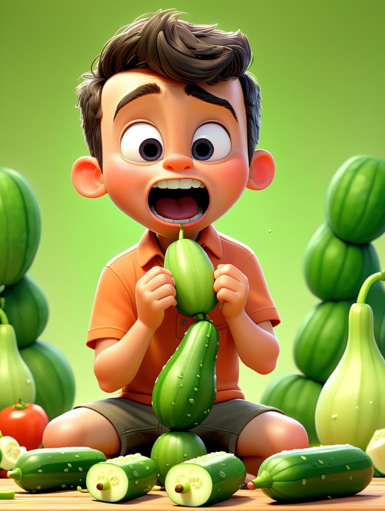Crea un immagine di un bambino che mangia un cetriolo e scorreggia e fa svenire chi gli è vicino, inserisci alcuni adulti venuti per la puzza