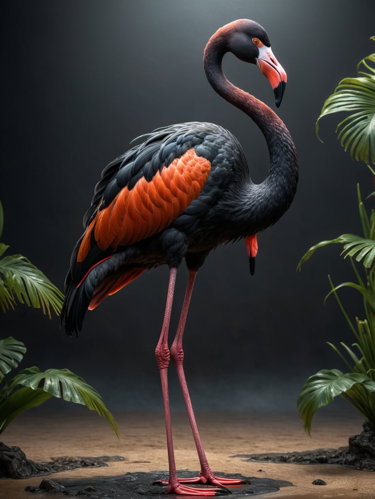 standing on (((one bent leg))), one black flamingo