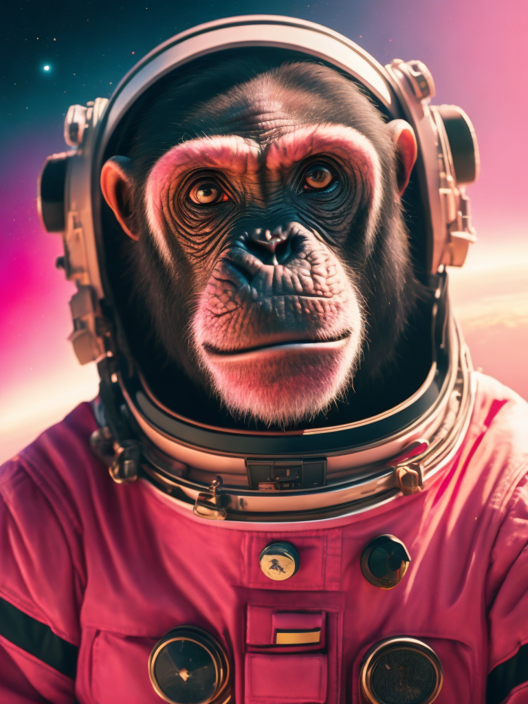 A chimpanzee going to space, wearing pink color astronaut suit, Vivid saturated colors, Contrast light, studio photo, professional photo, Detailed image, detailed face