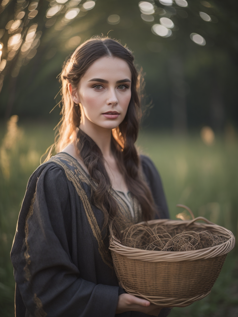 Portrait of a Beautiful women from Russian fairy tale wearing traditional costume holds wicker basket